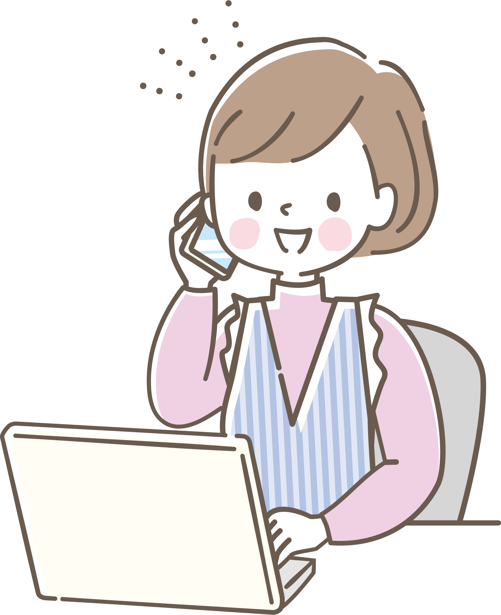 ノートパソコンを見ながら電話をしている女性
